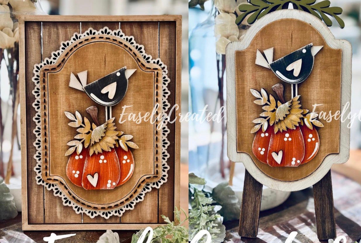 Pumpkin w/Bird Interchangeable Insert for the Tabletop Easel or Lace Frame