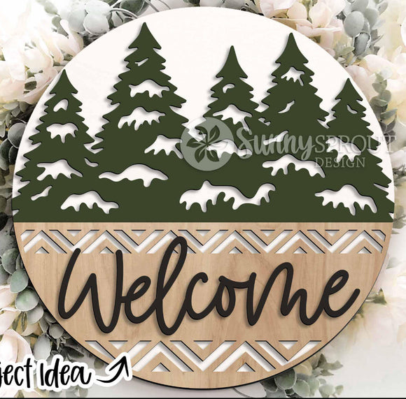 Welcome Pine Trees Round Hanging Sign