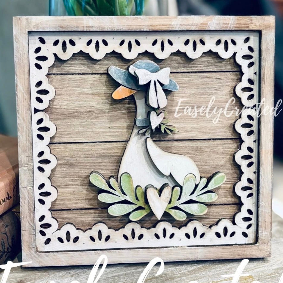 Lace Framed Goose Shelf Sitter Sign