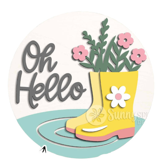 12” “Oh Hello” Sign with Flowers and Boots