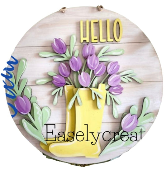 12” Hello Sign with Tulips and Boots