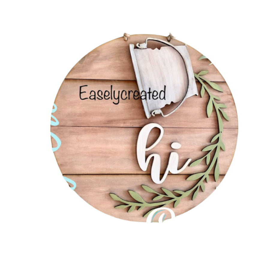 Base piece ONLY with bucket, greenery and lettering for the 12” hanging round “hi” Sign