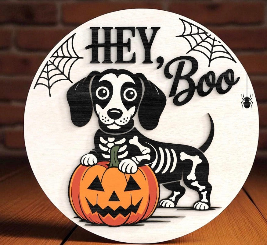 12” Hey Boo Skeleton Dog Sign