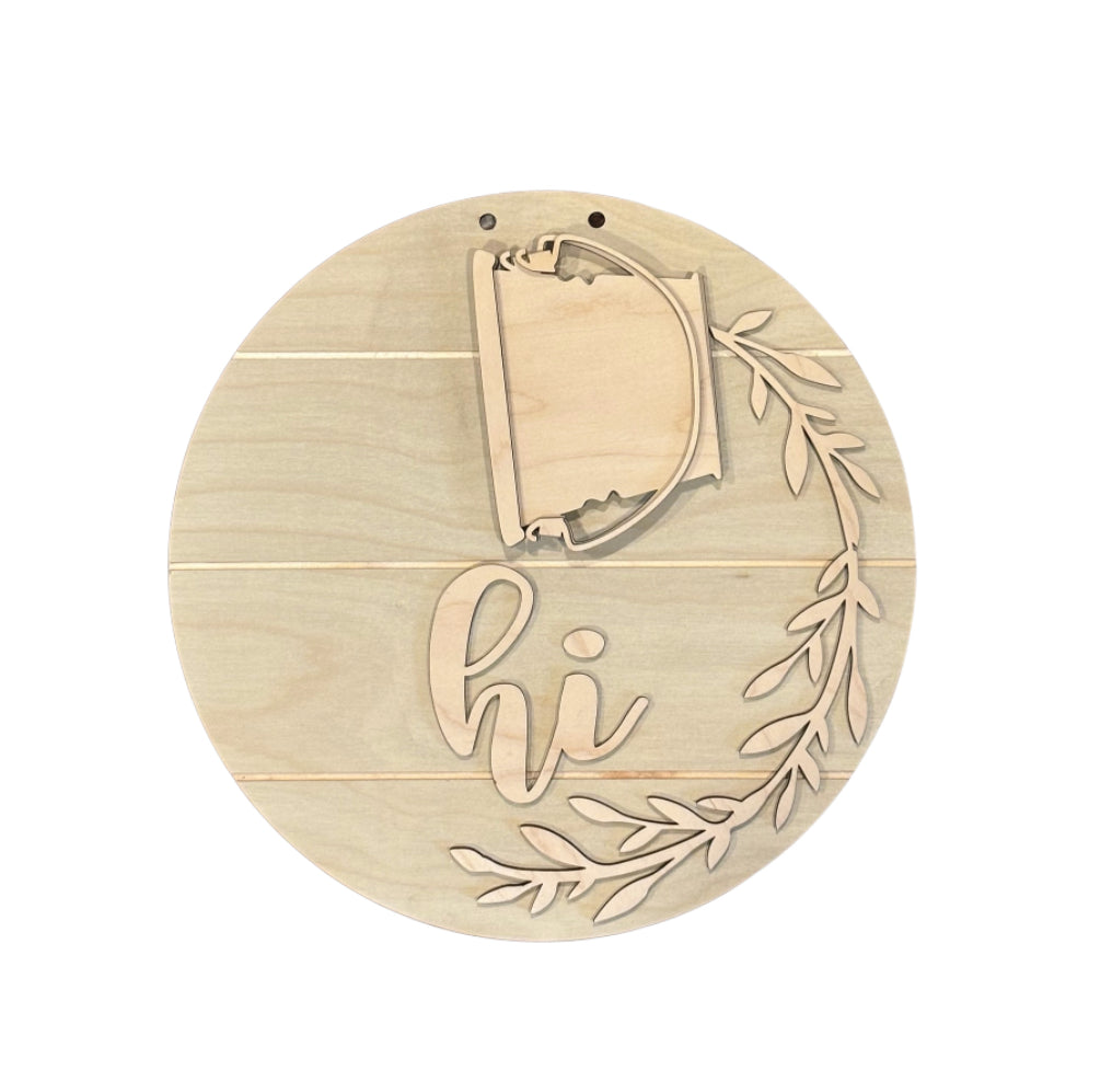 Base piece ONLY with bucket, greenery and lettering for the 12” hanging round “hi” Sign