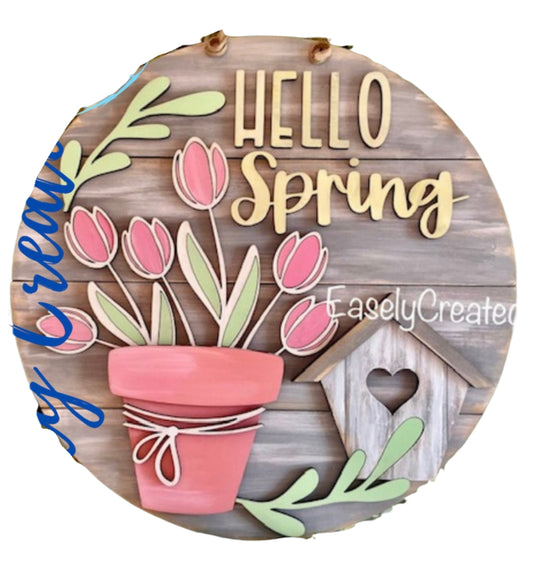 12” Hello Spring Sign with Flowers, Pot and Bird House